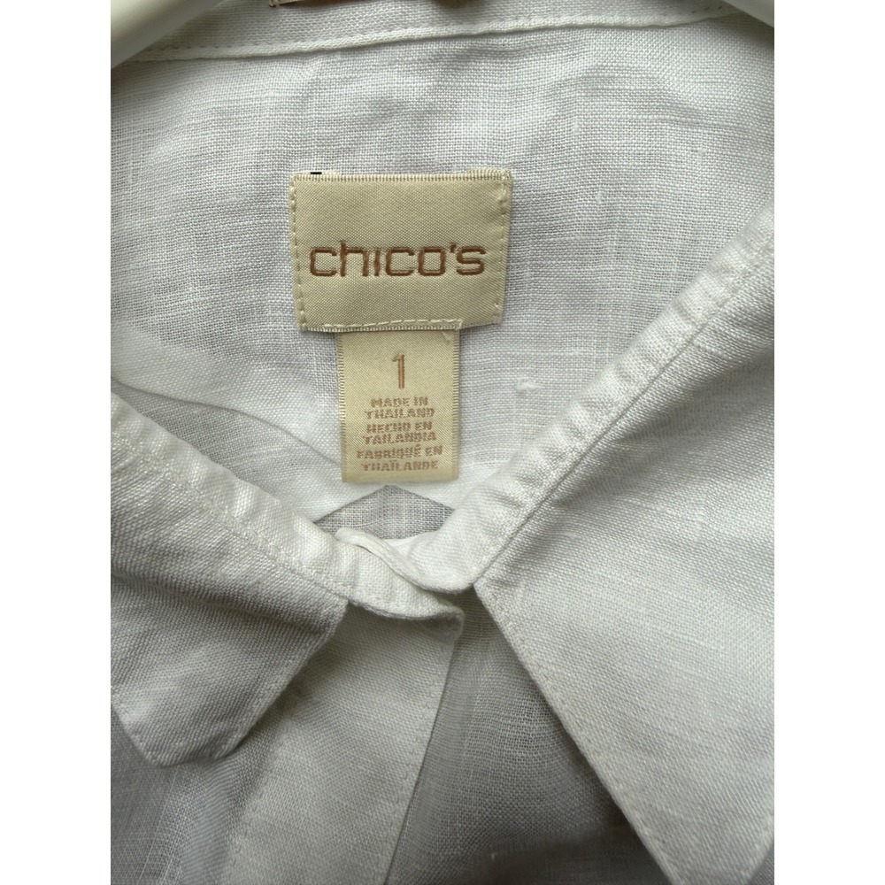 Chicos 100 Linen Button Down Shirt White 3/4 Sleeve Size 1 Medium Classic Top - Picture 7 of 7